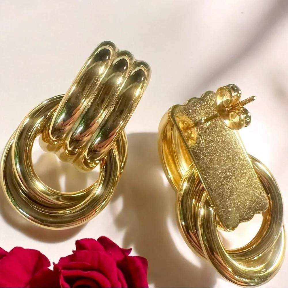 NEW Yellow Gold-Plated Stainless Steel Knotted & Looped Drop Earrings Celeb Fav
